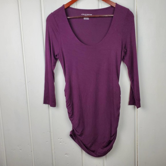 A Pea In The Pod Maternity Medium Plum 3/4 Sleeve Scoop Neck Ruche Side Tunic - Picture 2 of 9